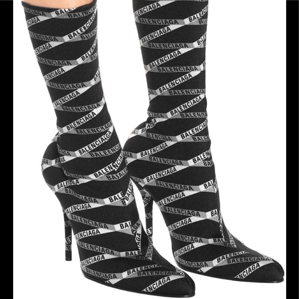 Balenciaga Logo Black White Knife Booties Boots